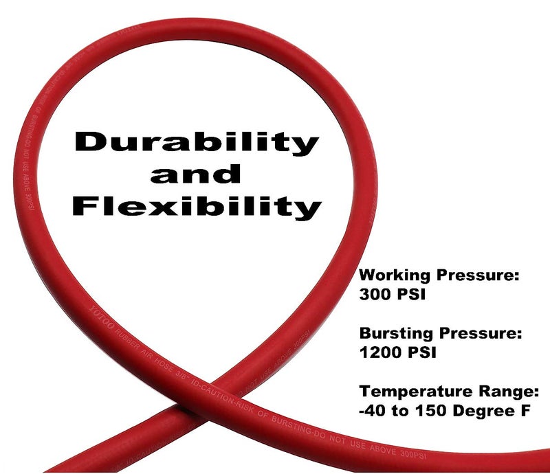 YOTOO Heavy Duty Rubber Air Hose 3/8-Inch by 25-Feet 300 PSI with 1/4" Industrial Swivel Solid Brass Quick Coupler, Plug and Bend Restrictors, Red - Image 2